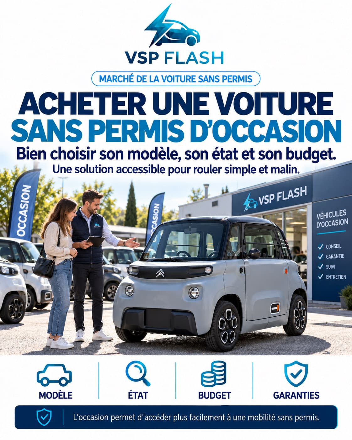 Acheteur inspectant le compartiment technique d'une voiture sans permis électrique d'occasion
