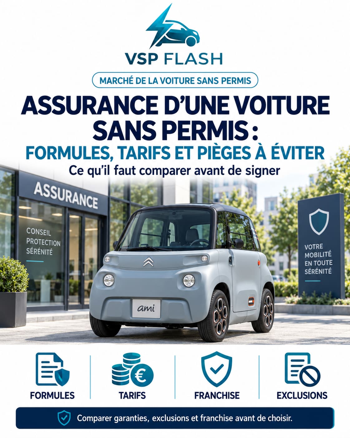 Contrat d'assurance et clés posés sur une table devant une voiture sans permis électrique