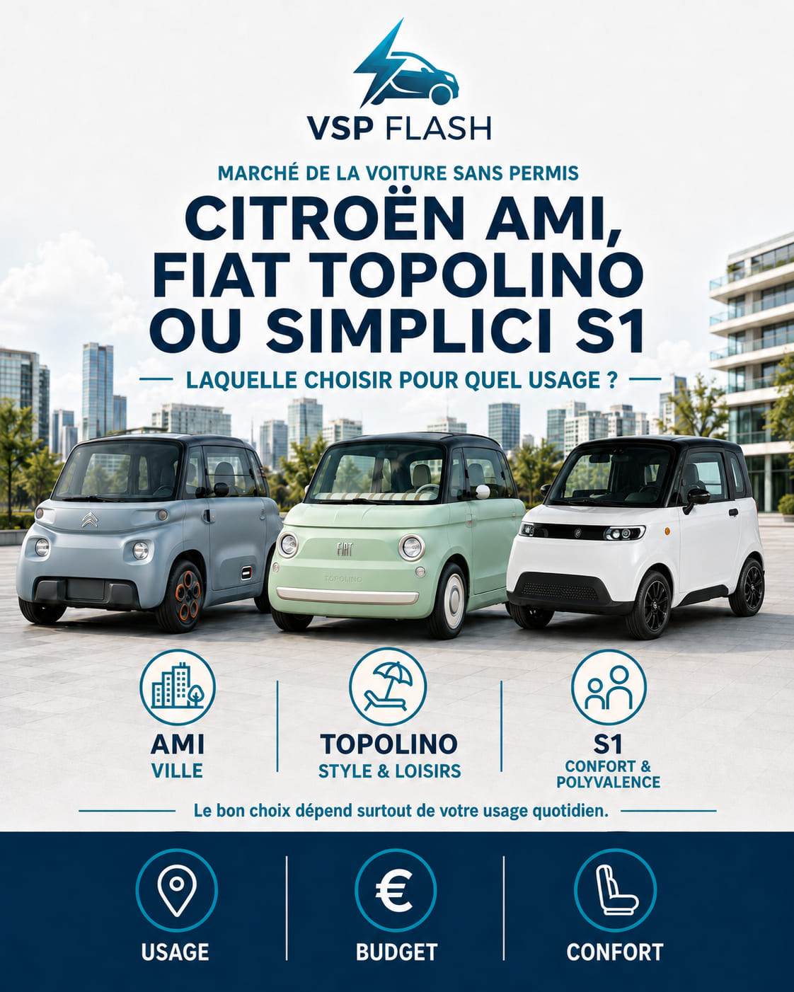 Trois voitures sans permis électriques stationnées côte à côte devant une agence de location