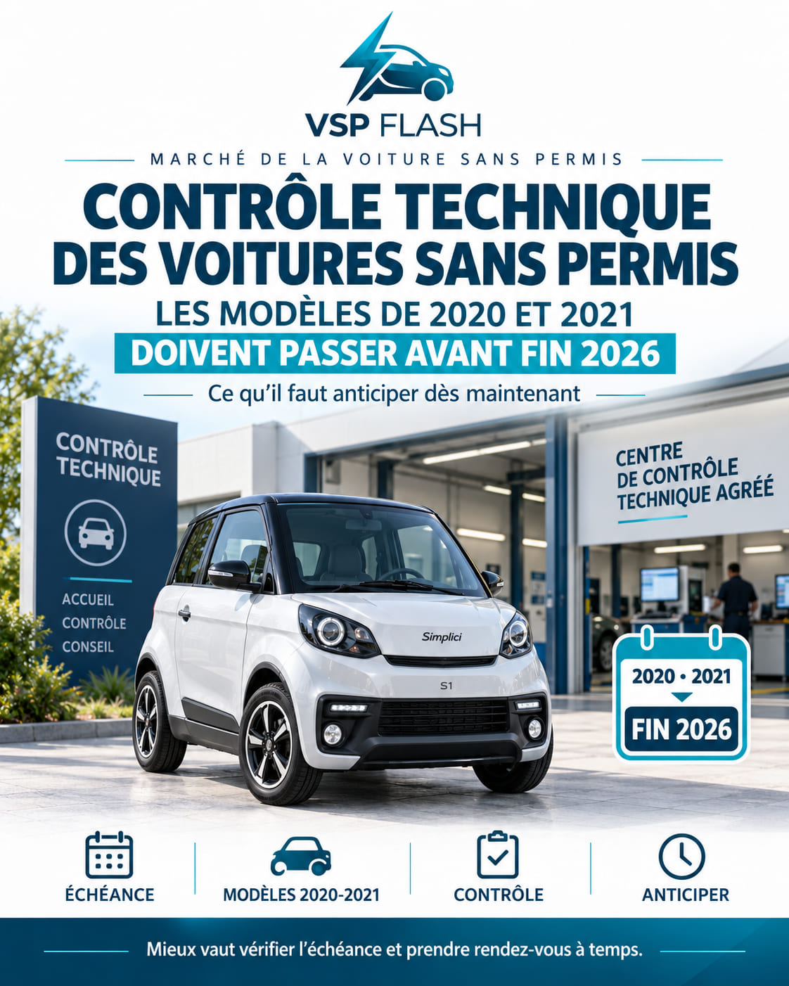 Voiture sans permis électrique sur le pont d'un centre de contrôle technique agréé