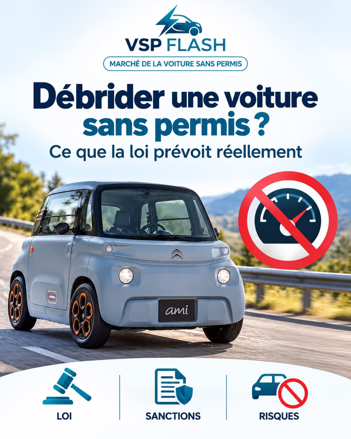 Compteur de vitesse d’une voiture sans permis électrique affichant la limite réglementaire