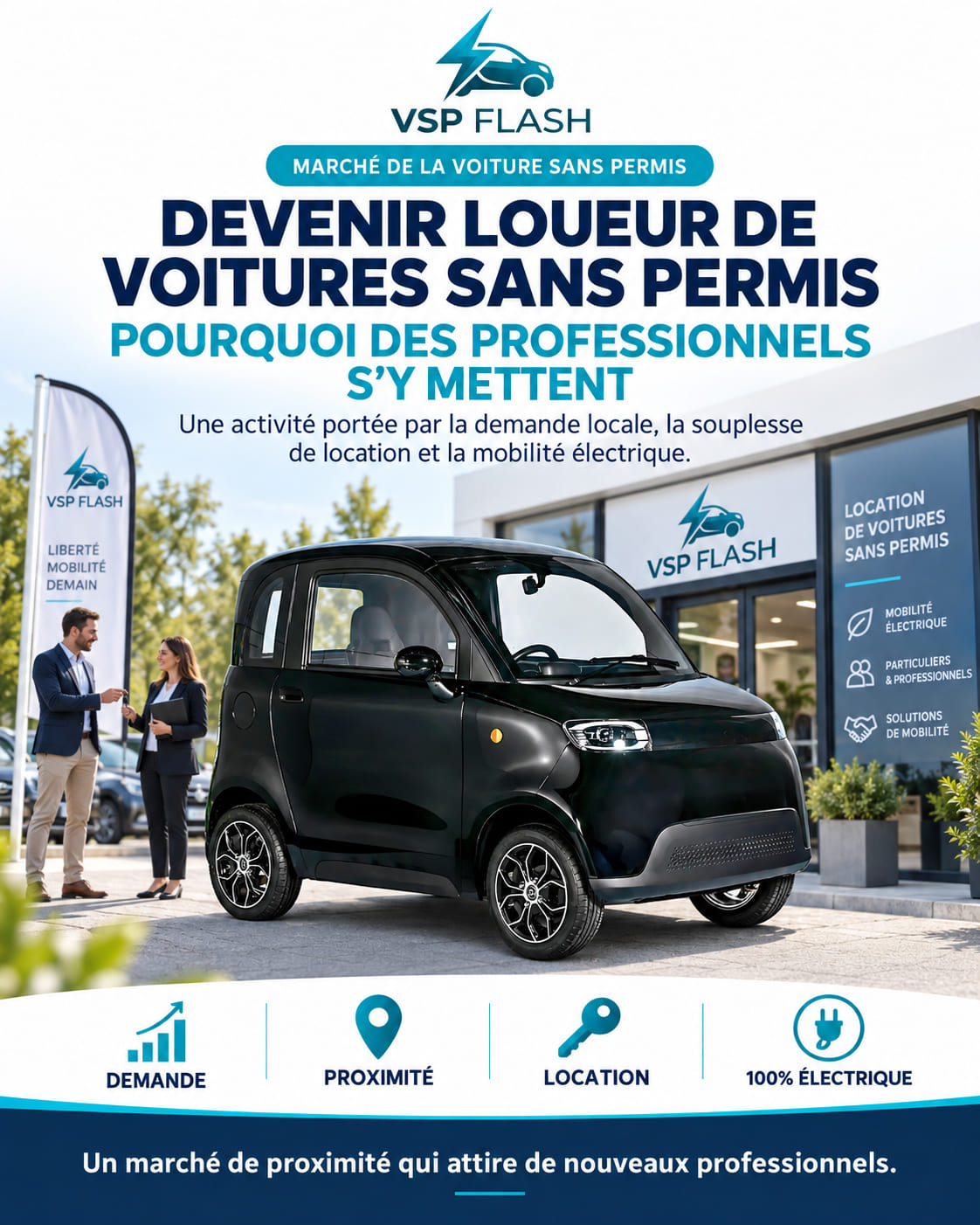 Professionnel remettant les clés d'une voiture sans permis électrique à un client devant son établissement