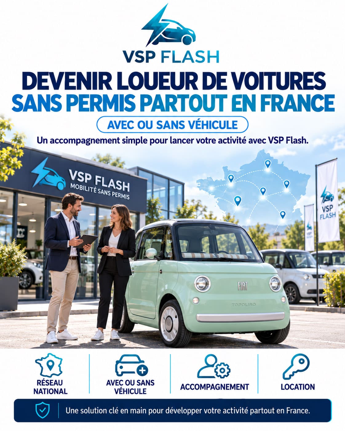 Professionnel devant son établissement avec une voiture sans permis électrique prête à la location
