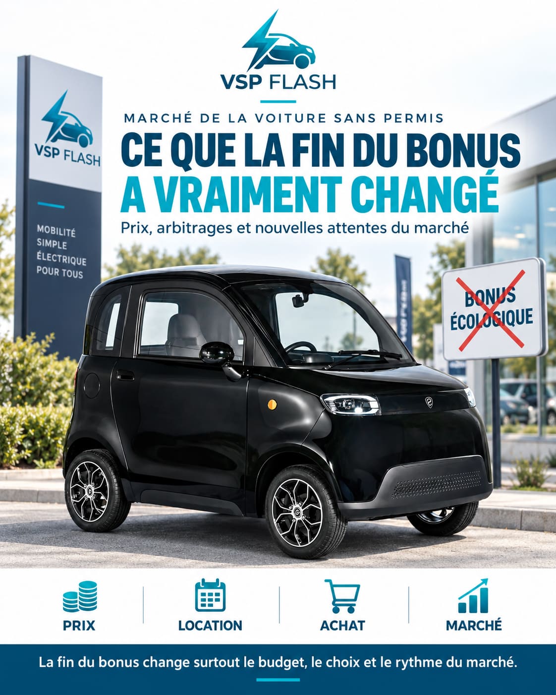 Voiture sans permis électrique blanche présentée en concession sur un marché en repli