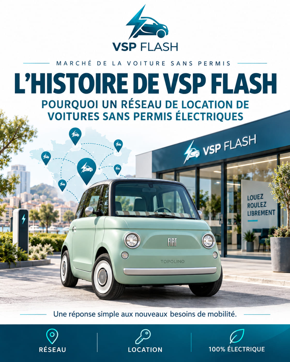 Voiture sans permis électrique blanche stationnée devant un garage automobile partenaire