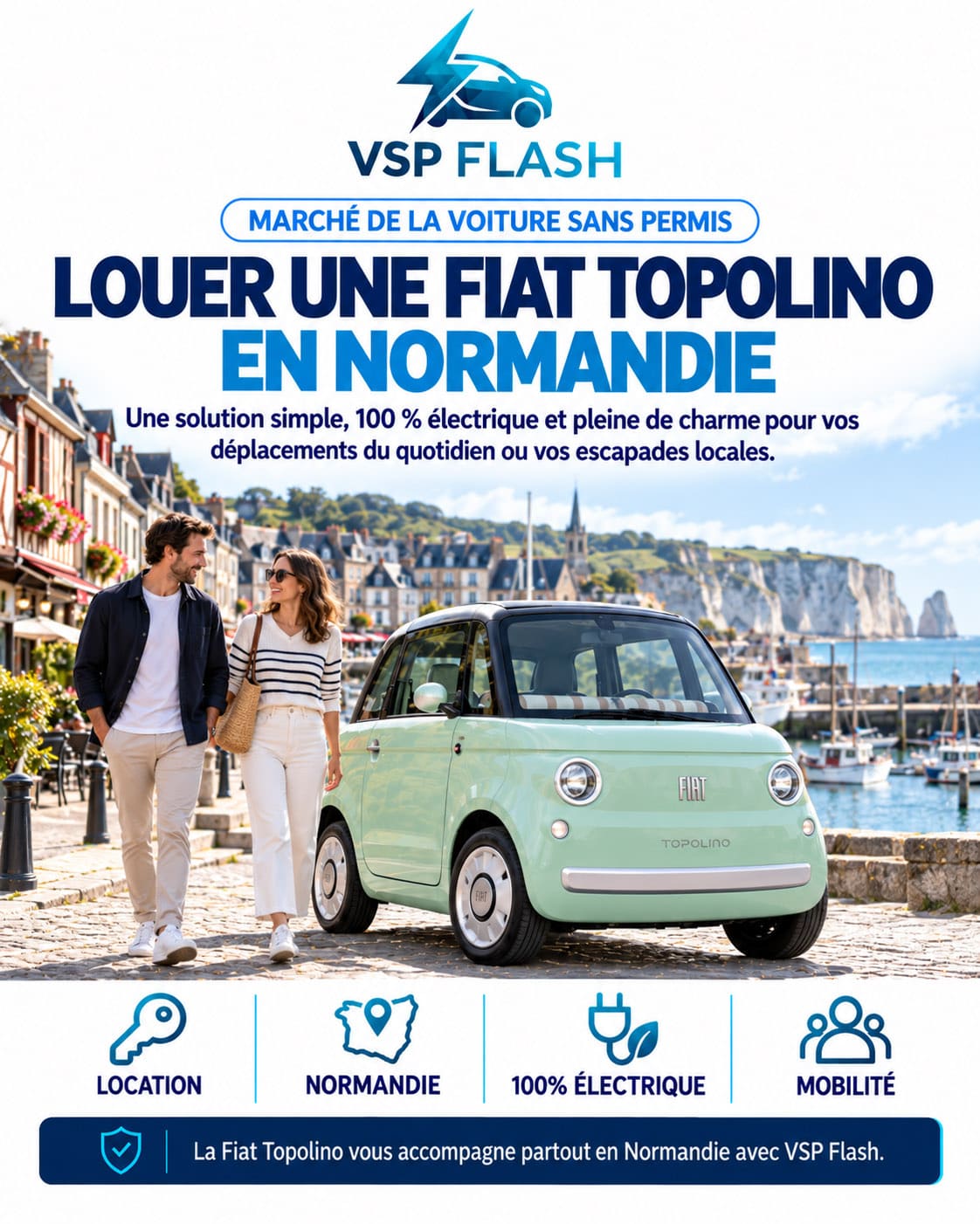 Fiat Topolino électrique stationnée dans une rue pavée d'un bourg normand