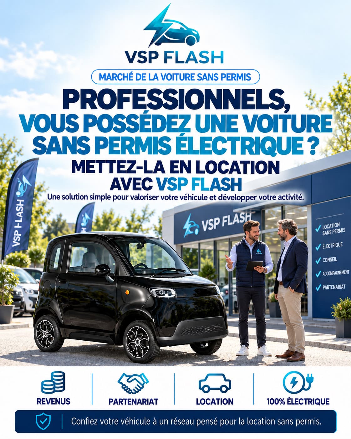 Voitures sans permis électriques stationnées dans la cour d'un garage professionnel