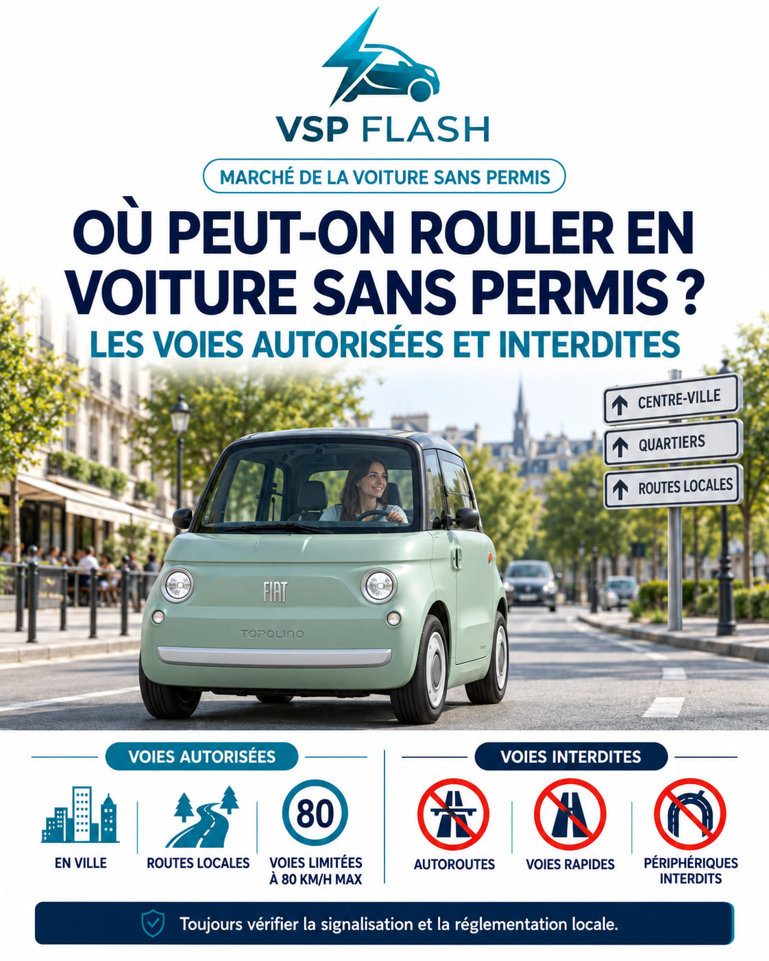 Voiture sans permis électrique circulant sur une route départementale bordée d'arbres