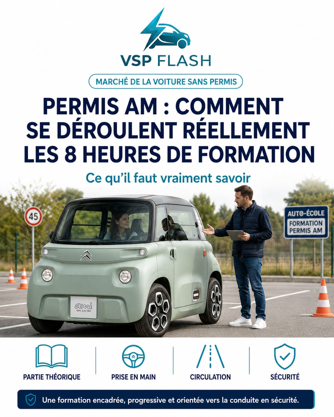 Élève et moniteur d'auto-école pendant une séance de formation au permis AM sur piste
