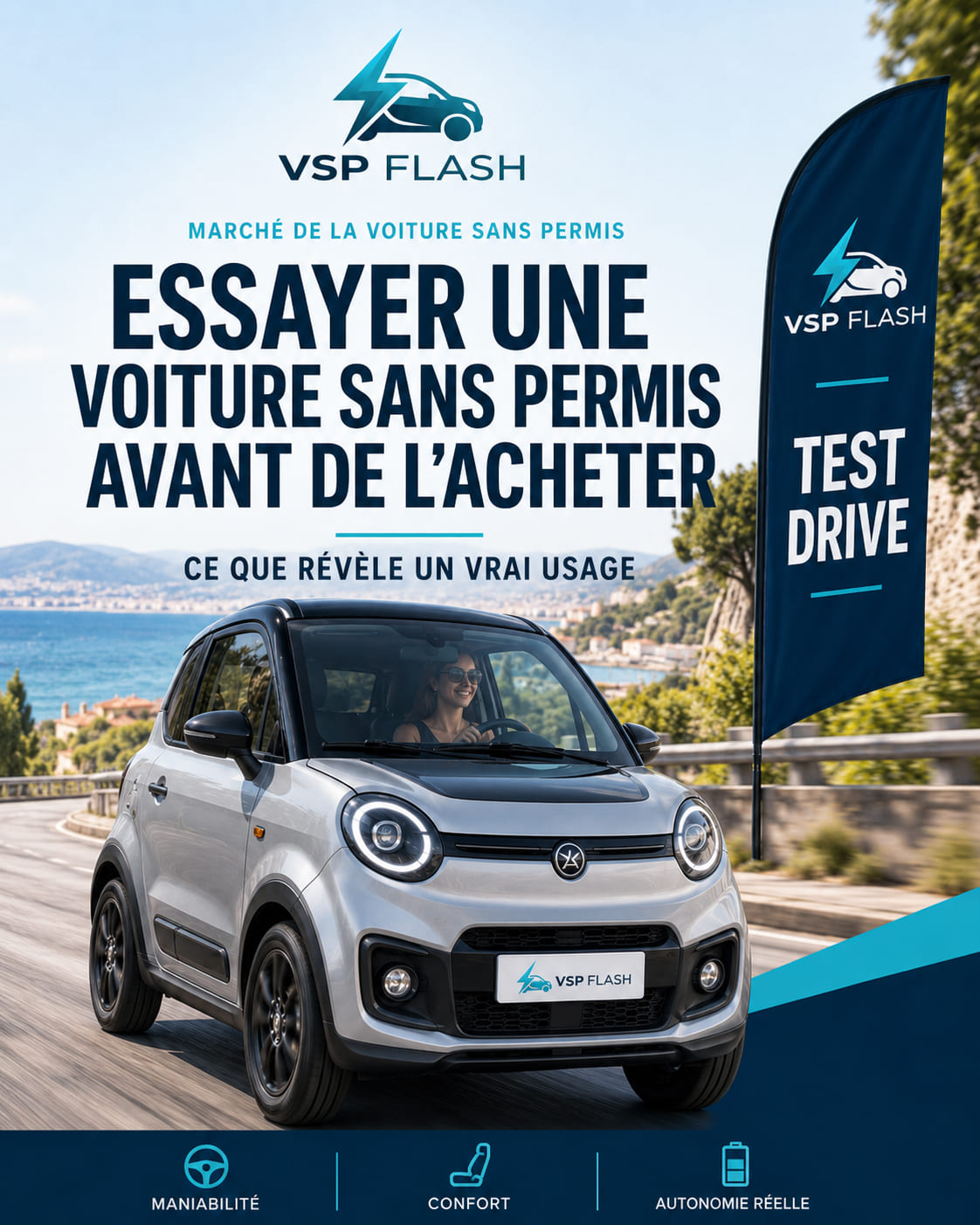 Conducteur récupérant les clés d'une voiture sans permis électrique en agence de location