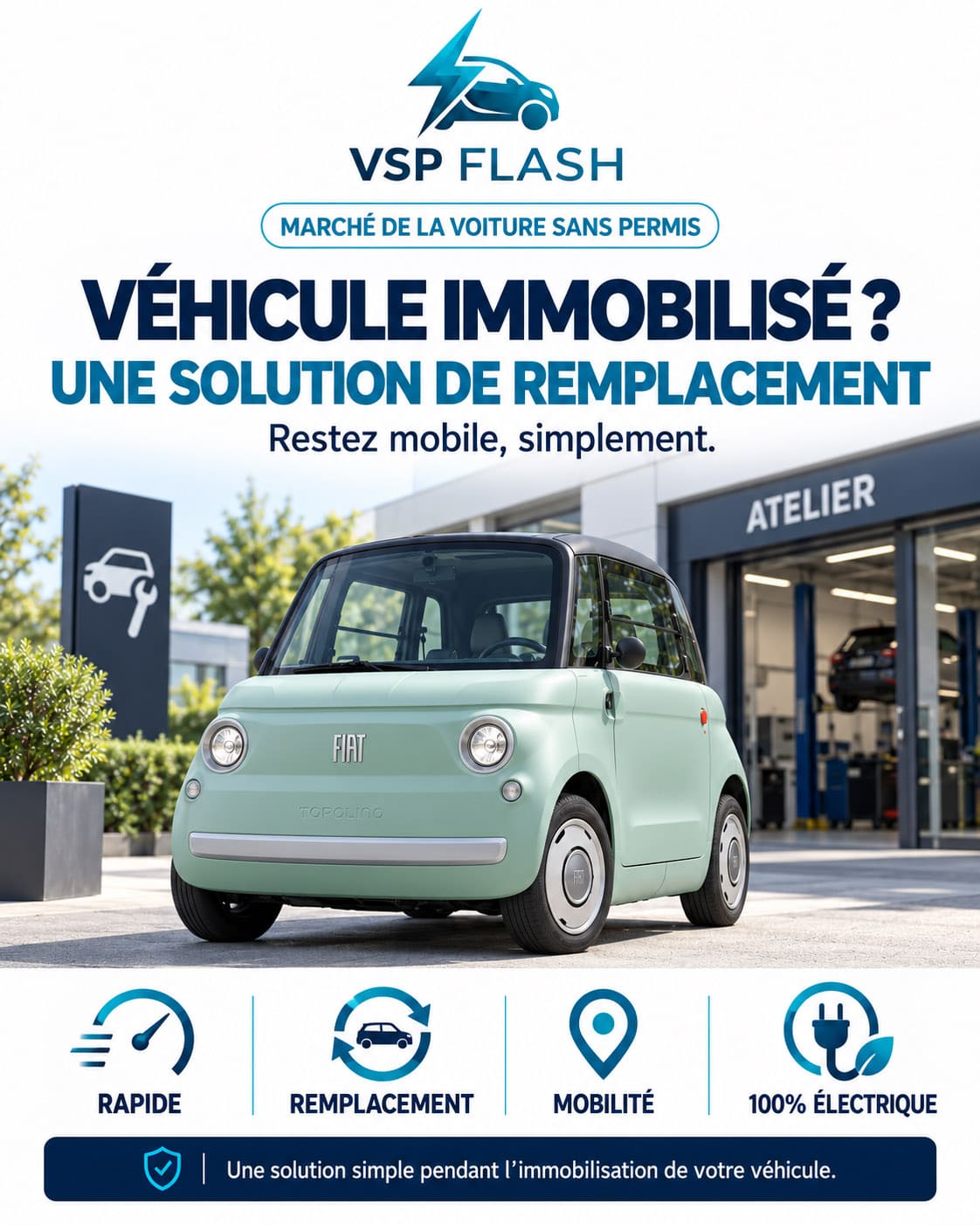 Voiture sans permis électrique stationnée devant un garage automobile pendant une réparation