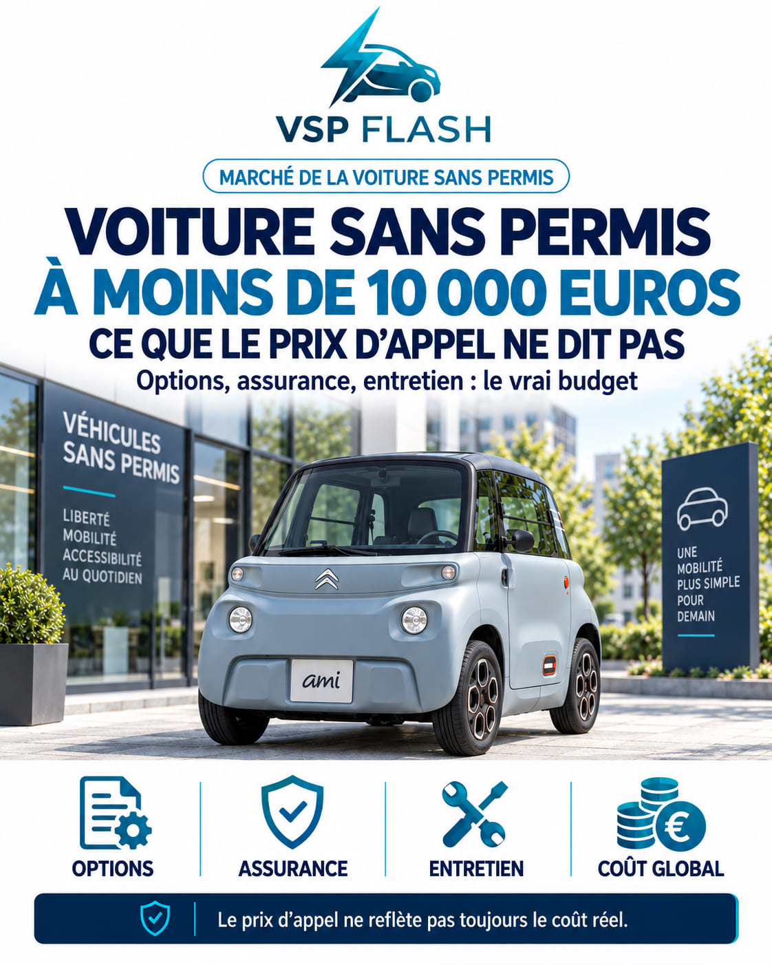 Voiture sans permis électrique compacte de couleur claire stationnée devant une vitrine urbaine