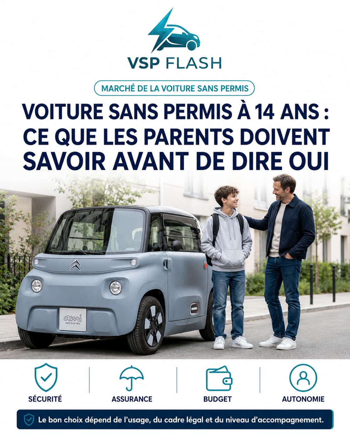 Parent et adolescent examinant ensemble une voiture sans permis électrique devant un domicile