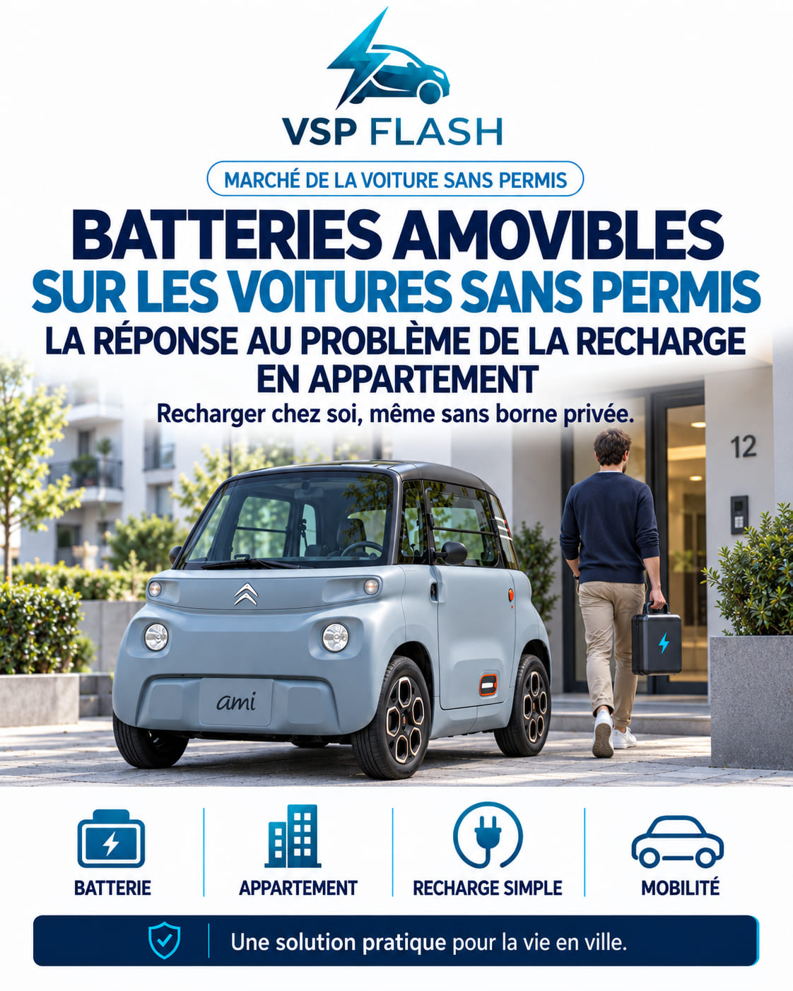 Batterie amovible extraite d'une voiture sans permis électrique pour être rechargée à l'intérieur d'un logement