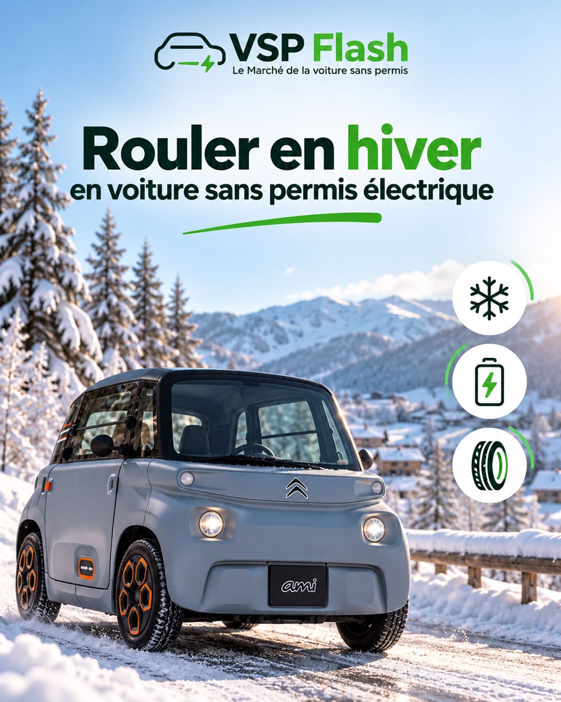 Voiture sans permis électrique circulant sur une route de campagne par un matin d’hiver
