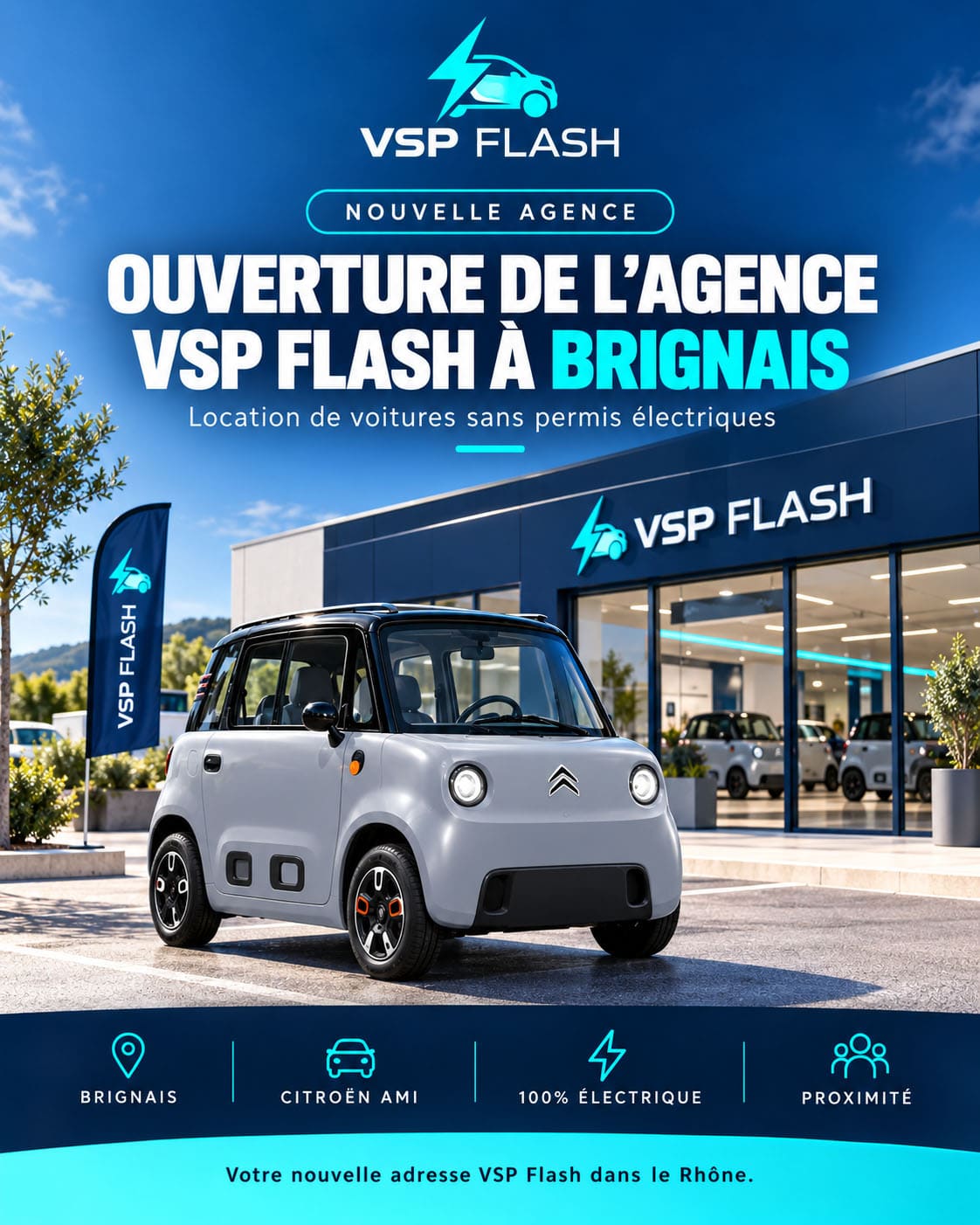 Voiture sans permis électrique devant l’agence VSP Flash de Brignais dans le Rhône