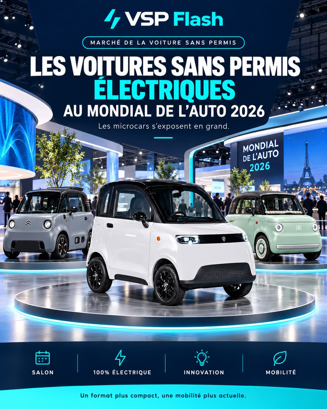 Voiture sans permis électrique exposée sur un stand du Mondial de l’Auto à Paris